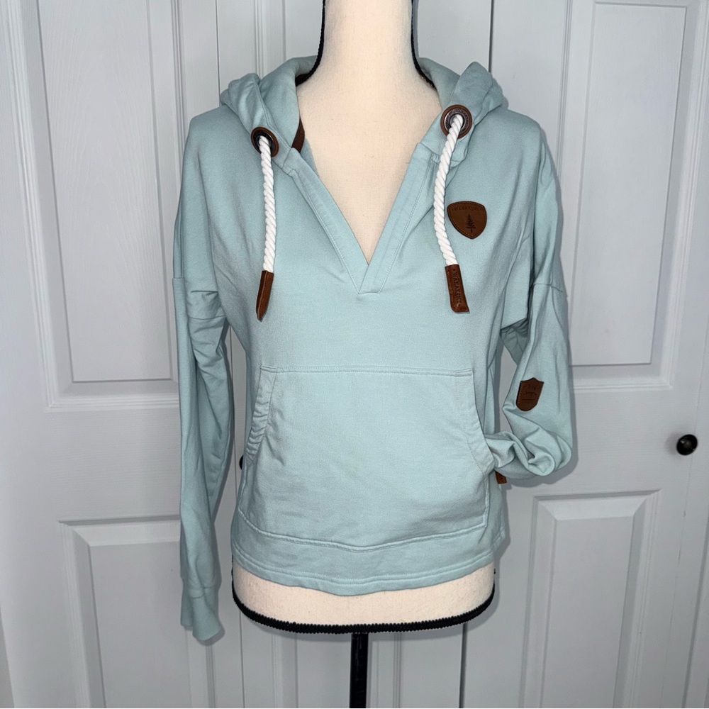 Wanakome light Blue / Mint  Crop Pullover Hoodie with Brown‎ Accents size Small